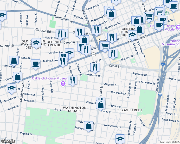 map of restaurants, bars, coffee shops, grocery stores, and more near 961 Palmetto Street in Mobile