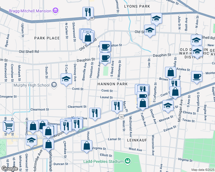 map of restaurants, bars, coffee shops, grocery stores, and more near 1705 Conti Street in Mobile