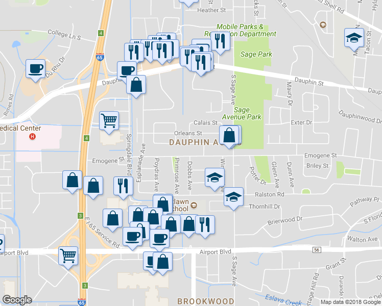 map of restaurants, bars, coffee shops, grocery stores, and more near 3108 Emogene Street in Mobile