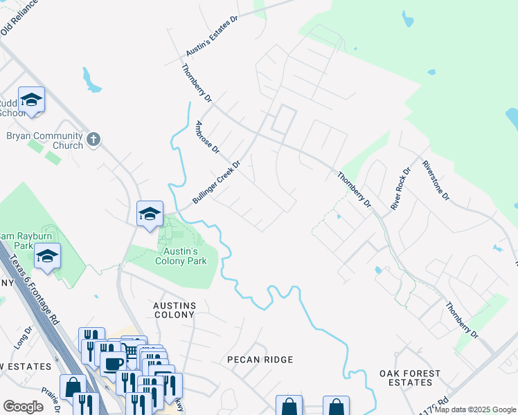 map of restaurants, bars, coffee shops, grocery stores, and more near 2707 Hickory Court in Bryan