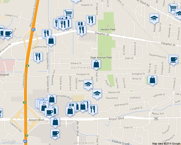 map of restaurants, bars, coffee shops, grocery stores, and more near 3050 Emogene St in Mobile