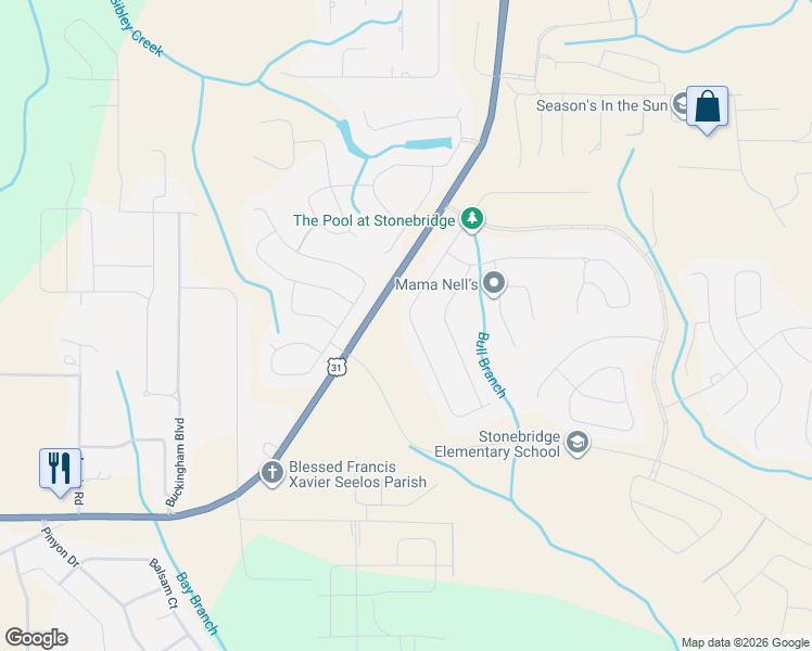 map of restaurants, bars, coffee shops, grocery stores, and more near 31459 Spoonbill Road in Spanish Fort