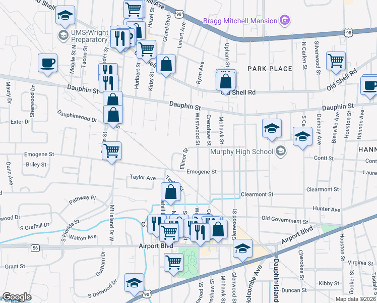 map of restaurants, bars, coffee shops, grocery stores, and more near 104 Ellinor Street in Mobile