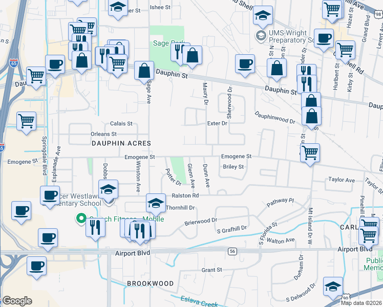 map of restaurants, bars, coffee shops, grocery stores, and more near 109 Blacksher Court in Mobile