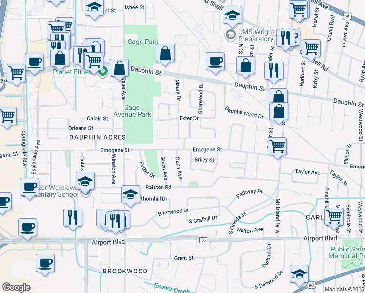 map of restaurants, bars, coffee shops, grocery stores, and more near 2754 Emogene Street in Mobile