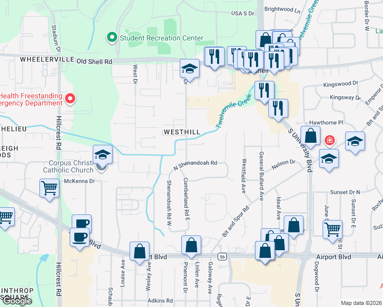 map of restaurants, bars, coffee shops, grocery stores, and more near 315 East Drive in Mobile