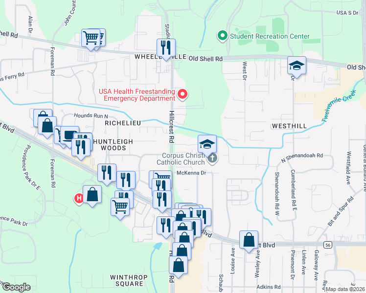 map of restaurants, bars, coffee shops, grocery stores, and more near 6354 Burnham Wood Place in Mobile