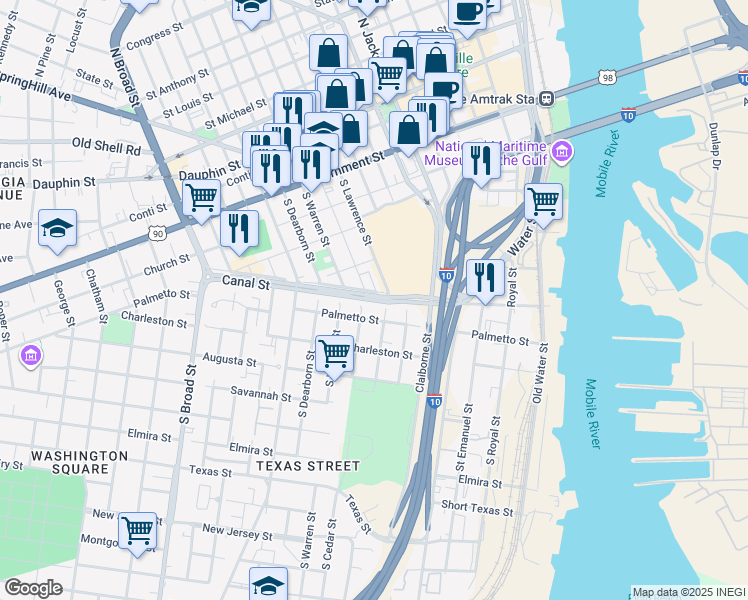 map of restaurants, bars, coffee shops, grocery stores, and more near Canal Street in Mobile