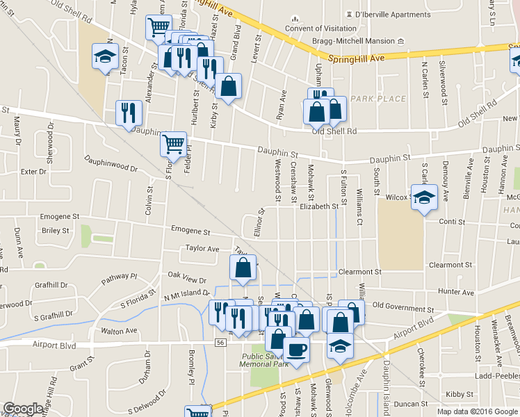 map of restaurants, bars, coffee shops, grocery stores, and more near 104 Ellinor Street in Mobile
