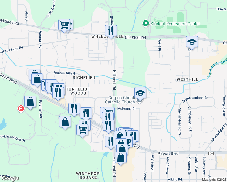 map of restaurants, bars, coffee shops, grocery stores, and more near 270 Hillcrest Road in Mobile
