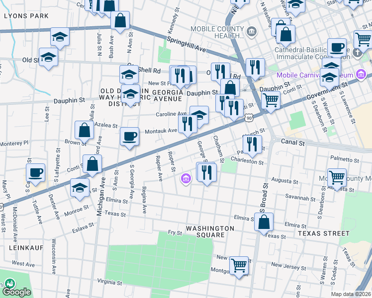 map of restaurants, bars, coffee shops, grocery stores, and more near 1111 Government St in Mobile