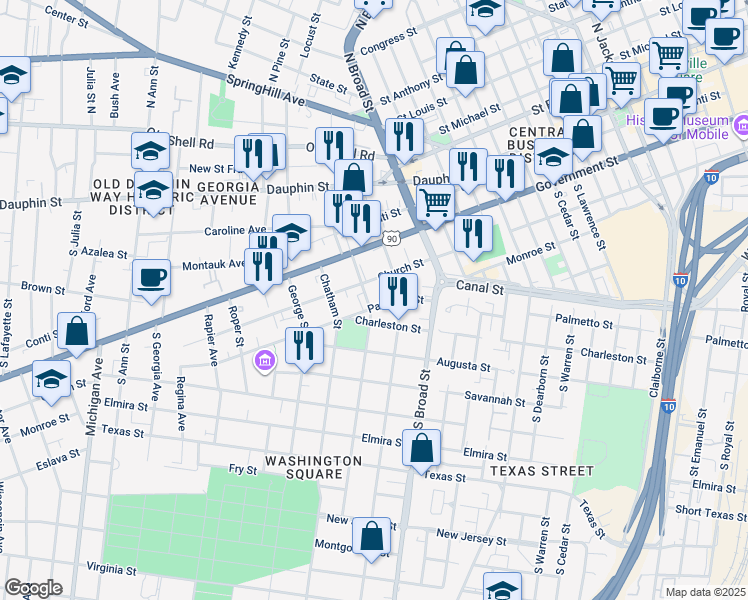 map of restaurants, bars, coffee shops, grocery stores, and more near 965 Church Street in Mobile