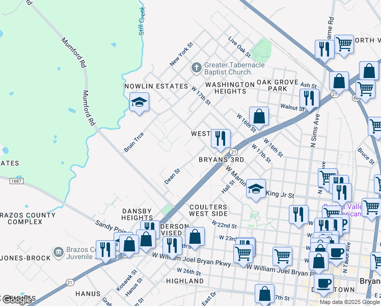 map of restaurants, bars, coffee shops, grocery stores, and more near 628 Dean Street in Bryan