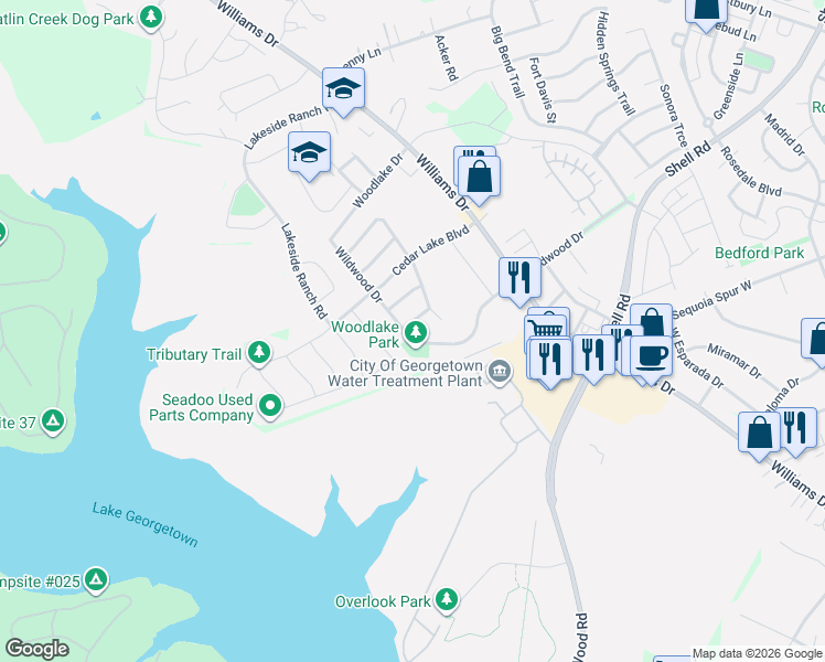 map of restaurants, bars, coffee shops, grocery stores, and more near 312 Leanne Drive in Georgetown