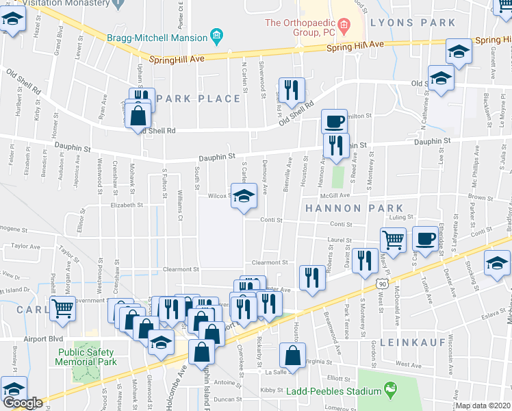 map of restaurants, bars, coffee shops, grocery stores, and more near 2 Camilla Court in Mobile