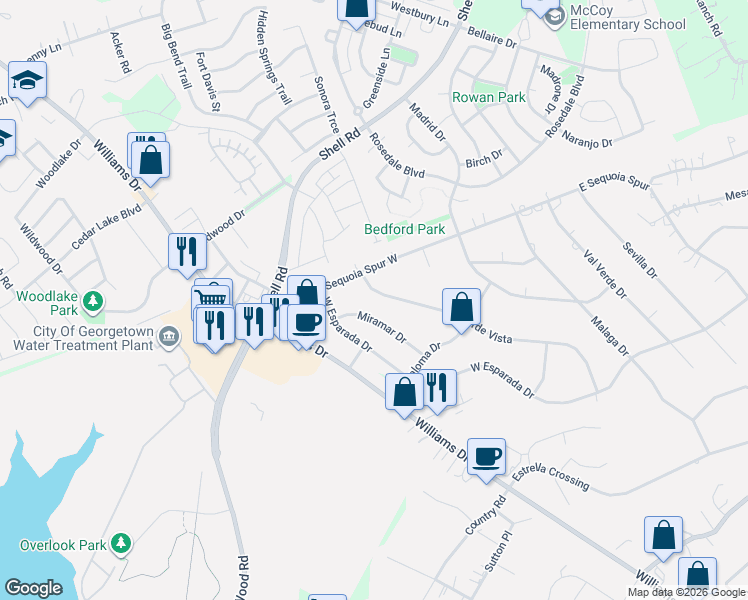 map of restaurants, bars, coffee shops, grocery stores, and more near 4322 Verde Vista in Georgetown