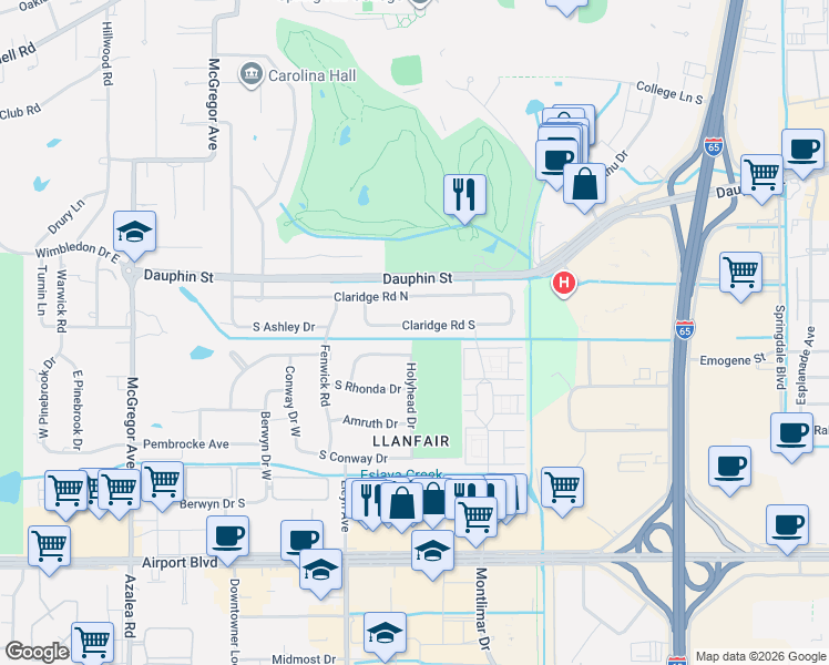 map of restaurants, bars, coffee shops, grocery stores, and more near 3724 Claridge Road South in Mobile