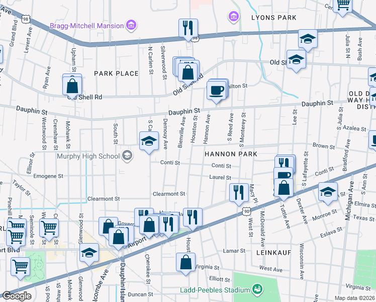 map of restaurants, bars, coffee shops, grocery stores, and more near 50 Houston Street in Mobile