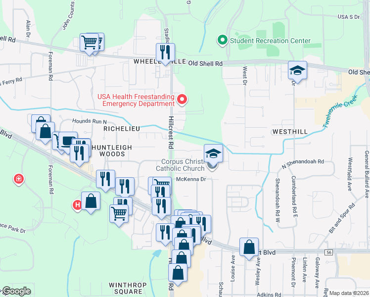 map of restaurants, bars, coffee shops, grocery stores, and more near 6354 Burnham Wood Place in Mobile