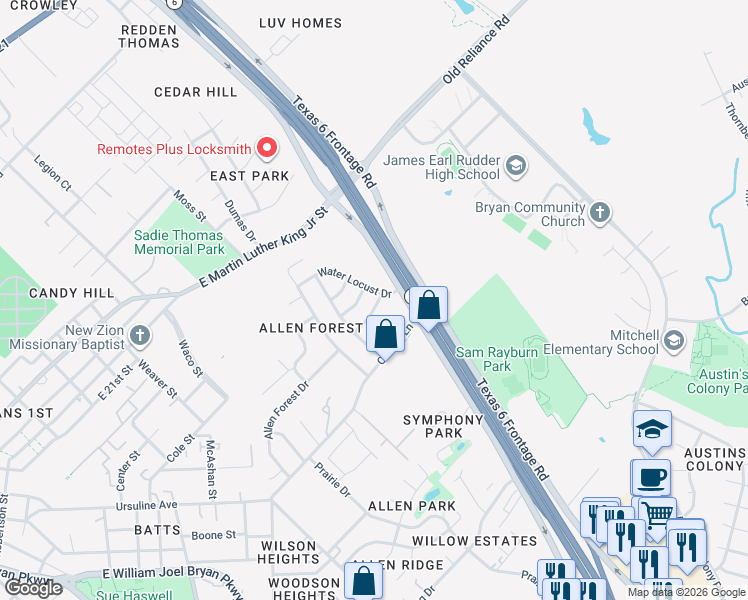 map of restaurants, bars, coffee shops, grocery stores, and more near 1135 North Earl Rudder Freeway in Bryan