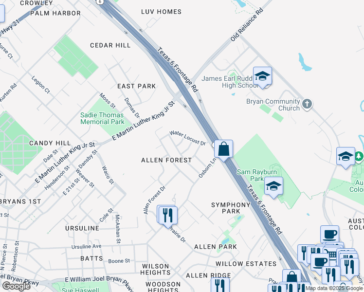 map of restaurants, bars, coffee shops, grocery stores, and more near 2902 Cheshire Drive in Bryan