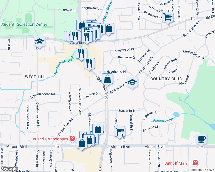 map of restaurants, bars, coffee shops, grocery stores, and more near 119 South University Boulevard in Mobile