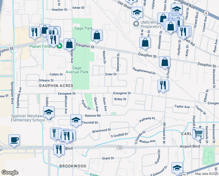 map of restaurants, bars, coffee shops, grocery stores, and more near 2853 South Sherwood Drive in Mobile