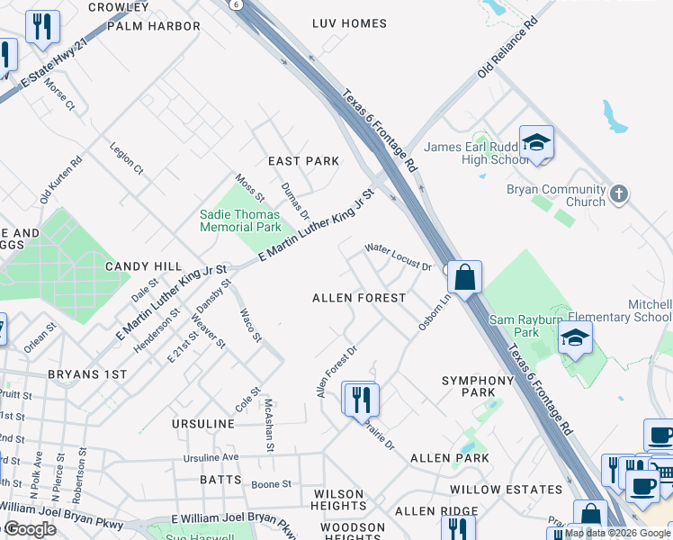 map of restaurants, bars, coffee shops, grocery stores, and more near 2701 Echo Glen Circle in Bryan