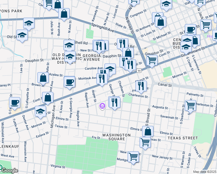 map of restaurants, bars, coffee shops, grocery stores, and more near 1061 Government Street in Mobile