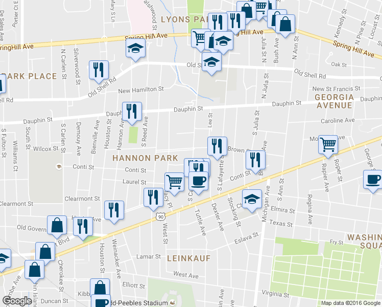 map of restaurants, bars, coffee shops, grocery stores, and more near 1551 Monterey Place in Mobile