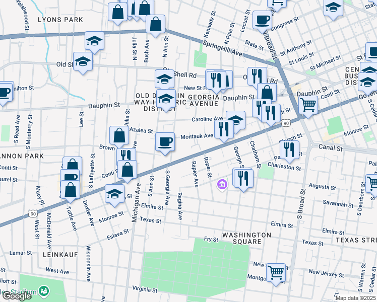 map of restaurants, bars, coffee shops, grocery stores, and more near 1202 Government St in Mobile