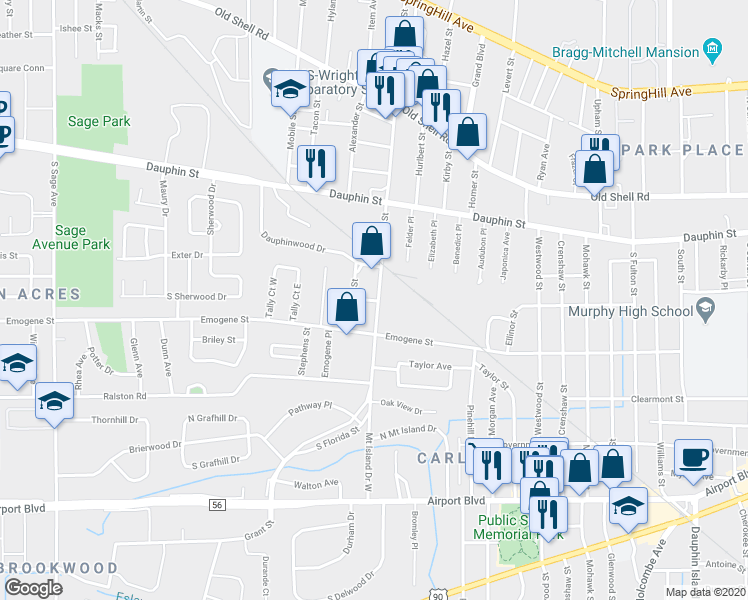 map of restaurants, bars, coffee shops, grocery stores, and more near 2516 Harper Street in Mobile
