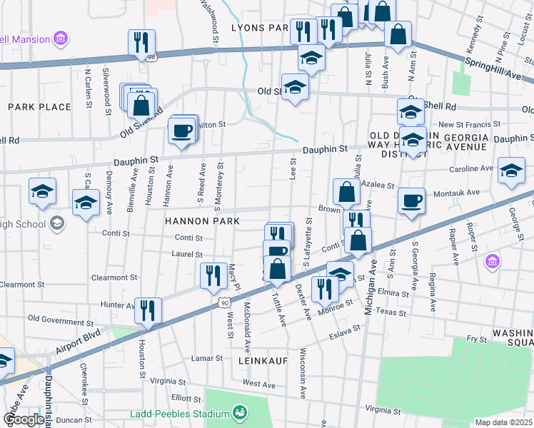 map of restaurants, bars, coffee shops, grocery stores, and more near 1551 Monterey Place in Mobile