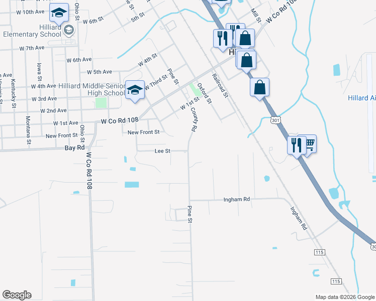 map of restaurants, bars, coffee shops, grocery stores, and more near 8123 Lee Street in Hilliard