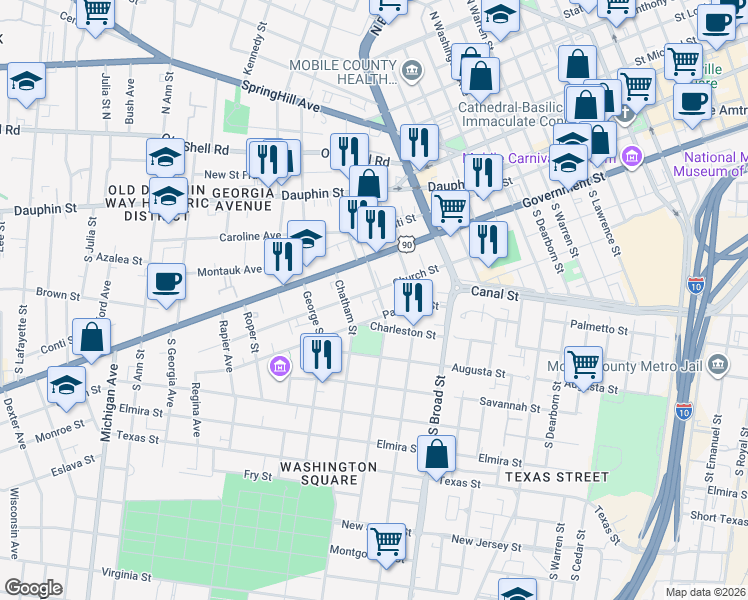 map of restaurants, bars, coffee shops, grocery stores, and more near 152 Charles Street in Mobile