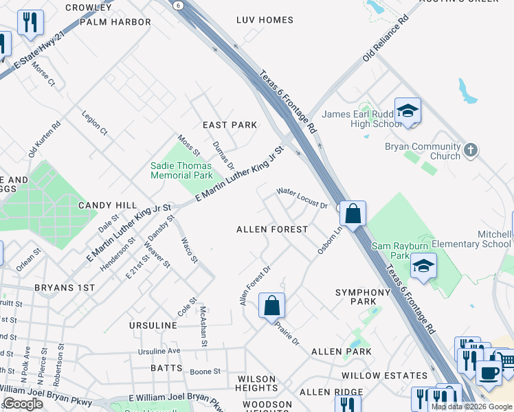 map of restaurants, bars, coffee shops, grocery stores, and more near 2701 Echo Glen Circle in Bryan