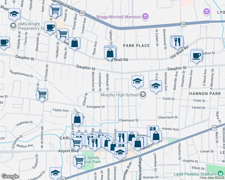 map of restaurants, bars, coffee shops, grocery stores, and more near 67 Glenwood Street in Mobile