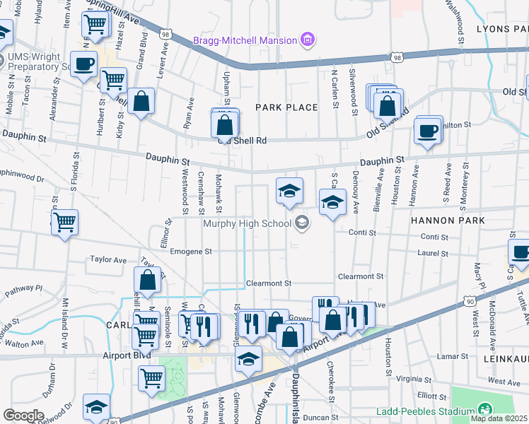 map of restaurants, bars, coffee shops, grocery stores, and more near 102 Williams Court in Mobile