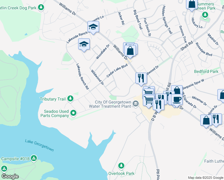 map of restaurants, bars, coffee shops, grocery stores, and more near 313 Leanne Drive in Georgetown