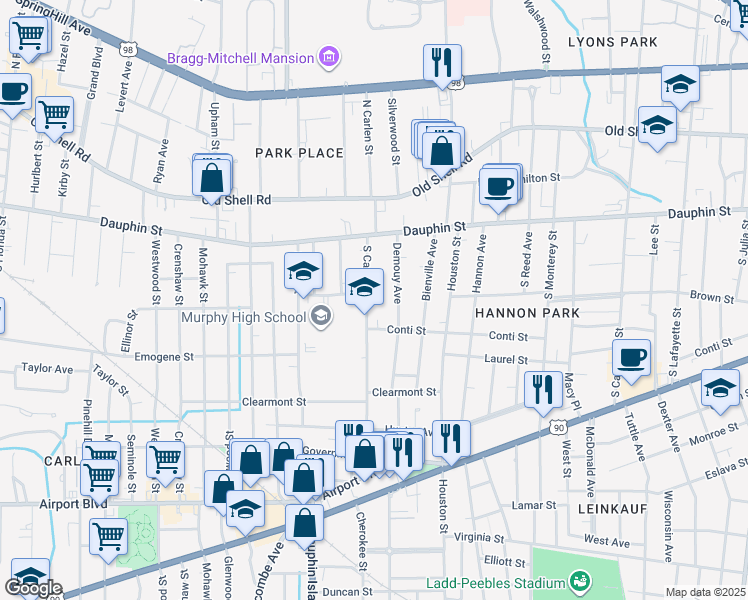 map of restaurants, bars, coffee shops, grocery stores, and more near 6 Camilla Court in Mobile