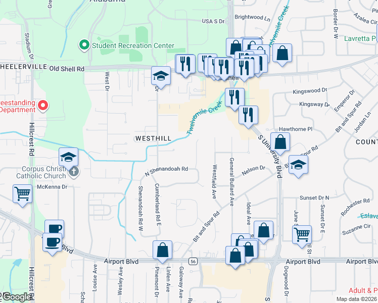 map of restaurants, bars, coffee shops, grocery stores, and more near 258 Suffolk Road in Mobile