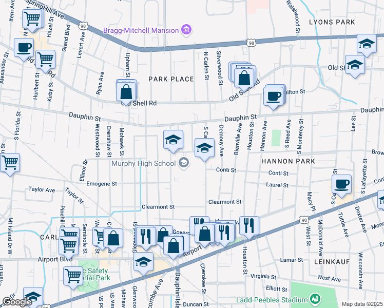 map of restaurants, bars, coffee shops, grocery stores, and more near 1949 Wilcox Street in Mobile