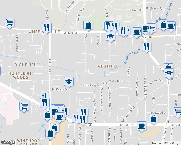 map of restaurants, bars, coffee shops, grocery stores, and more near 6130 Venetian Way South in Mobile