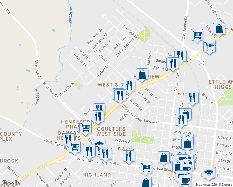 map of restaurants, bars, coffee shops, grocery stores, and more near 904 Columbus Avenue in Bryan