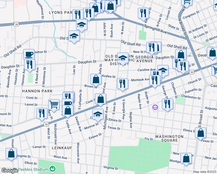 map of restaurants, bars, coffee shops, grocery stores, and more near 70 Bradford Avenue in Mobile
