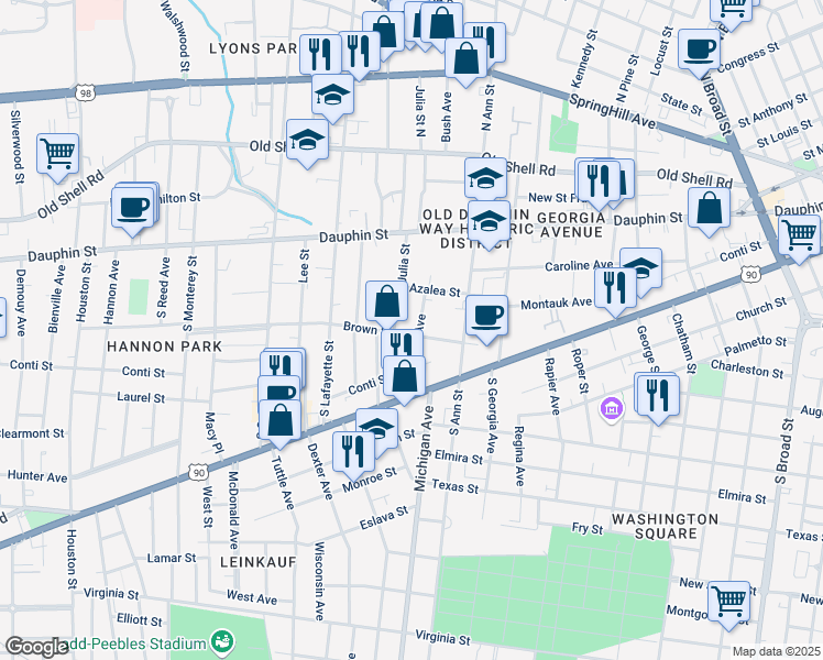 map of restaurants, bars, coffee shops, grocery stores, and more near 70 Bradford Avenue in Mobile