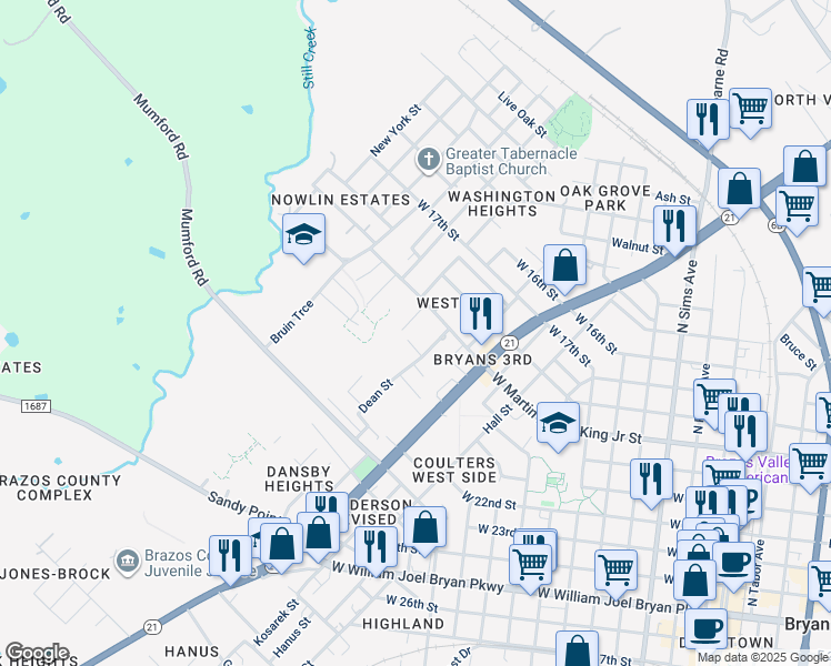 map of restaurants, bars, coffee shops, grocery stores, and more near 628 Dean St in Bryan