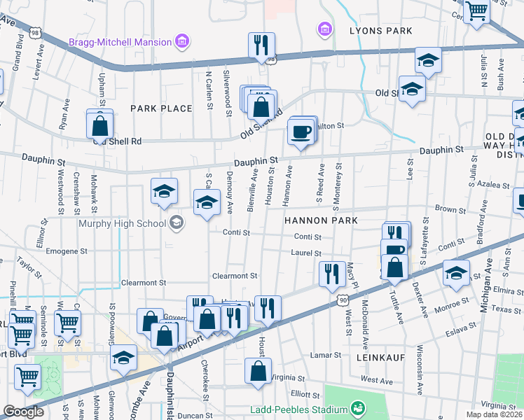 map of restaurants, bars, coffee shops, grocery stores, and more near 50 Houston Street in Mobile