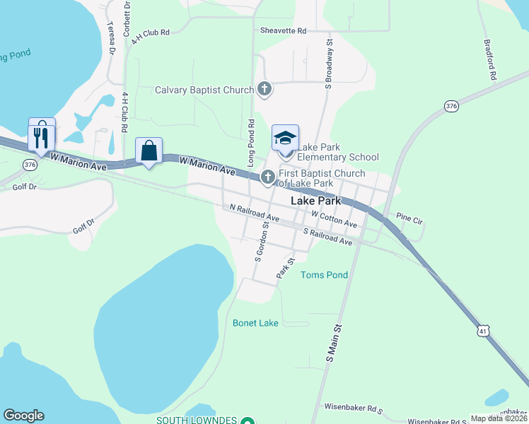 map of restaurants, bars, coffee shops, grocery stores, and more near 111 South Gordon Street in Lake Park