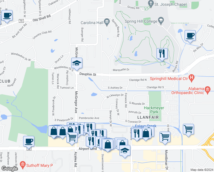 map of restaurants, bars, coffee shops, grocery stores, and more near 3902 South Ashley Drive in Mobile